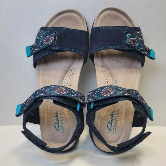 Clarks Flats Sandal Shoes Amanda Sprint Blue Suede Comfort Sporty Strap - Picture 12 of 14